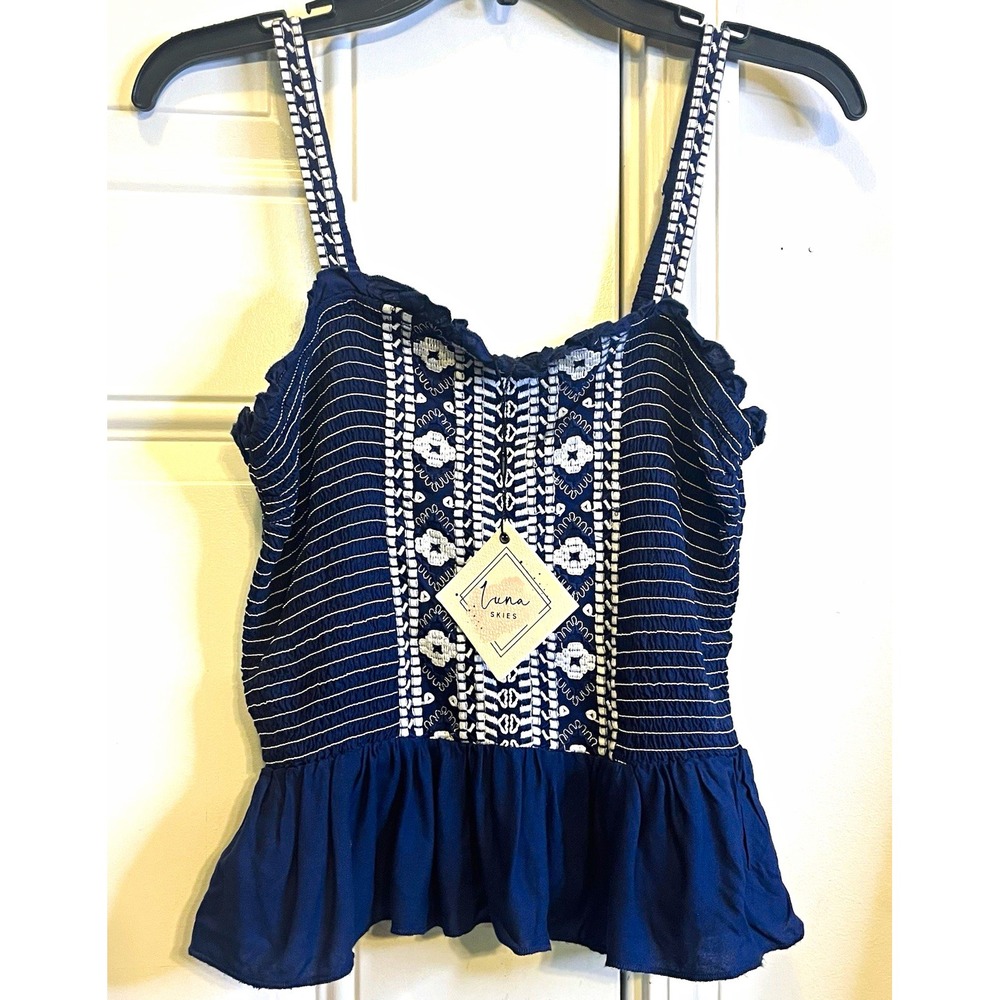 NWT Boho Cottagecore L Luna Skies Navy Blue Embroidered Smocked Peplum Cami Top
